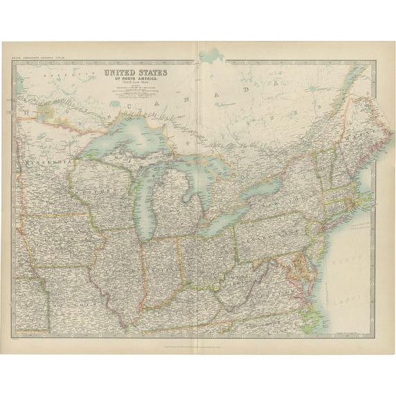 Antique Map of the North East United States by Johnston, 1909 For Sale