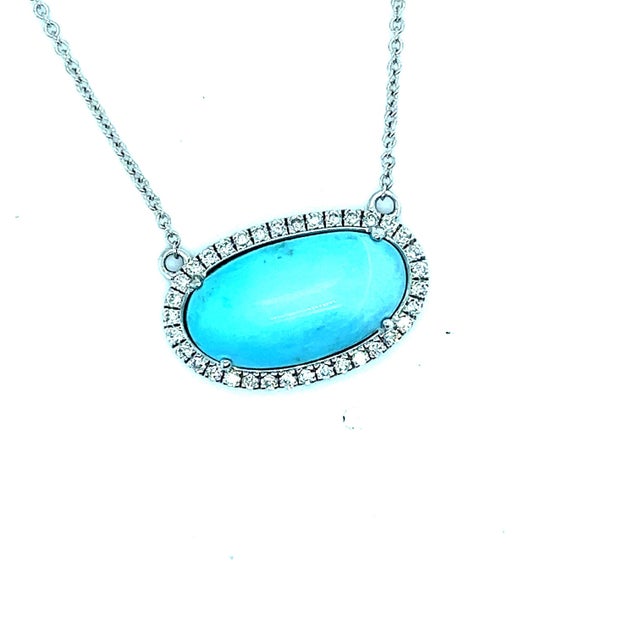 Persian Turquoise Diamond Halo Pendant with Chain 14k WG 8.1 TCW Certified For Sale - Image 4 of 7