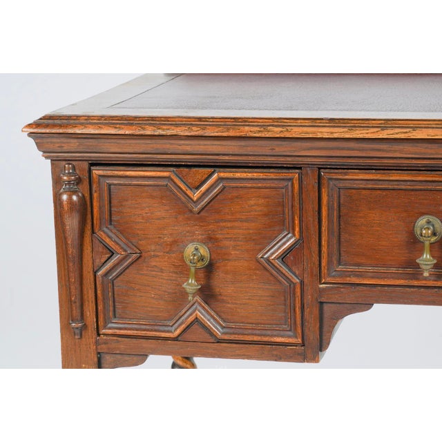 Late 19th Century Antique Barley-Twist Oak Writing Desk With Burgundy Leather Top, Jacobean Revival Circa 1890 For Sale - Image 5 of 8