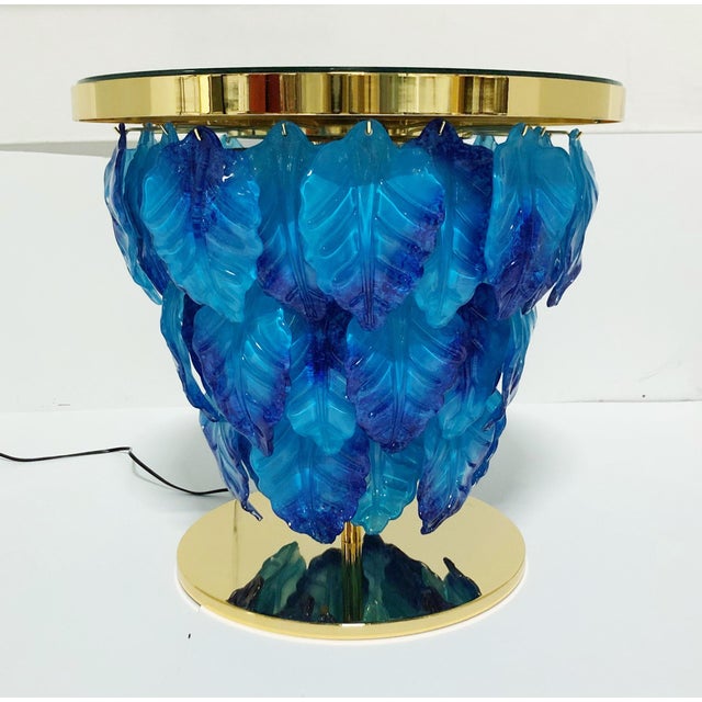 Glass Italian Delicatezza Gold Blue Murano Glass Leaves Table by Fabio LTD For Sale - Image 7 of 9