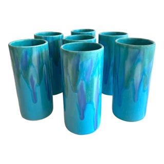 Vintage Mid Century Modern Dryden Studio Art Pottery Drip Glaze Ceramic Tumbler Cups - Set of 7 For Sale