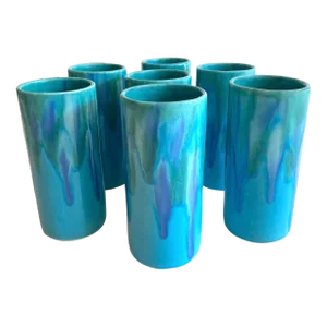 Vintage Mid Century Modern Dryden Studio Art Pottery Drip Glaze Ceramic Tumbler Cups - Set of 7