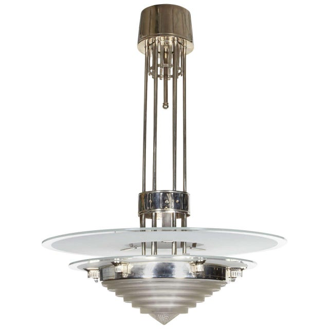 French Art Deco Polished Nickel and Glass Chandelier Signed Leleu For Sale - Image 9 of 9
