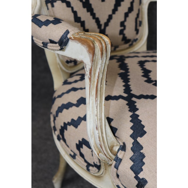 19th C Pair Louis XV French Paint Decorated Style Distressed Painted Armchairs For Sale - Image 13 of 13