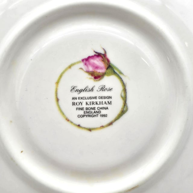 1990s Roy Kirkham English Rose Jumbo Teacup Saucers Bone China England 6.625" - Set of 4 For Sale - Image 12 of 12