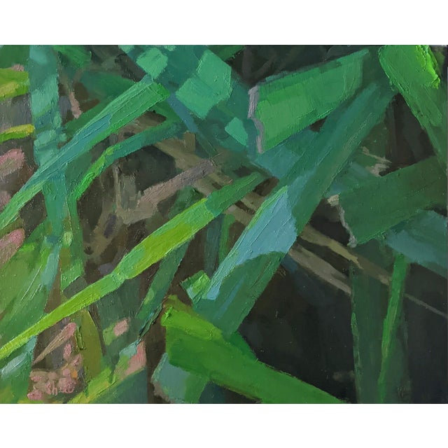 This oil painting captures the intricate interplay of green foliage, with vibrant brushstrokes that evoke a sense of depth...