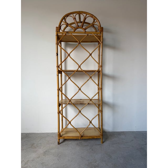 Coastal Vintage Coastal Arched Top Rattan Étagère With Wood Shelves For Sale - Image 3 of 13