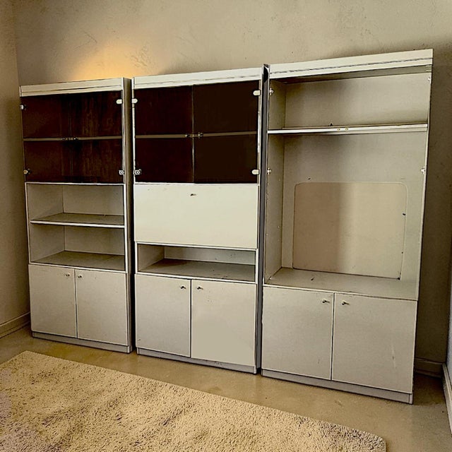Mid-Century Modern Cream Laminate and Smoked Glass Three-Section Freestanding Wall Unit - 3 Piece Set For Sale - Image 9 of 13