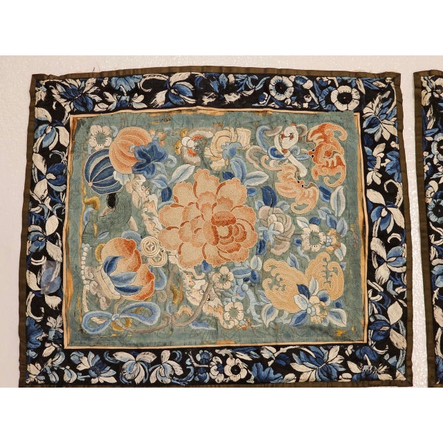 Pair of 19th Century Chinese Silk Hand Embroidery Panels of Flowers, Bats, Moths For Sale - Image 13 of 14