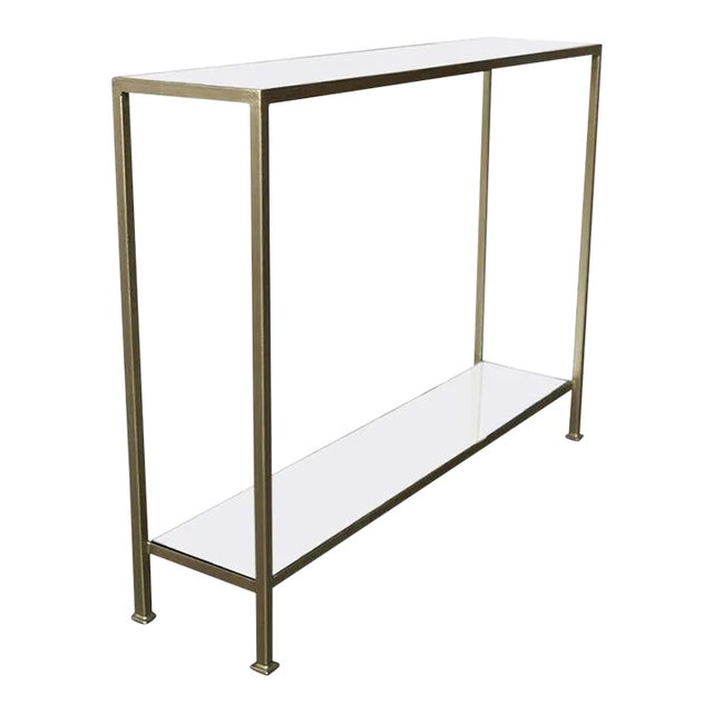 Gold Finish Iron Console Table With Antiqued Mirror Shelves For Sale