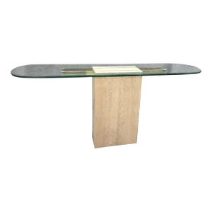 Marble Travertine Base Tall Rectangular Sofa Table With Glass Top