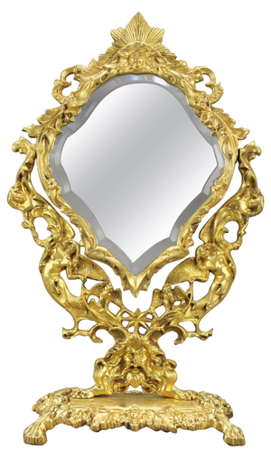 French Louis XIV Style Bronze and Brass Faceted Table Mirror, 1920s