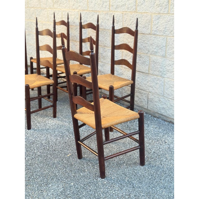 Mid 20th Century Set of 6 French Provincial Ladderback Dining Chairs With Rush Seats For Sale - Image 4 of 12