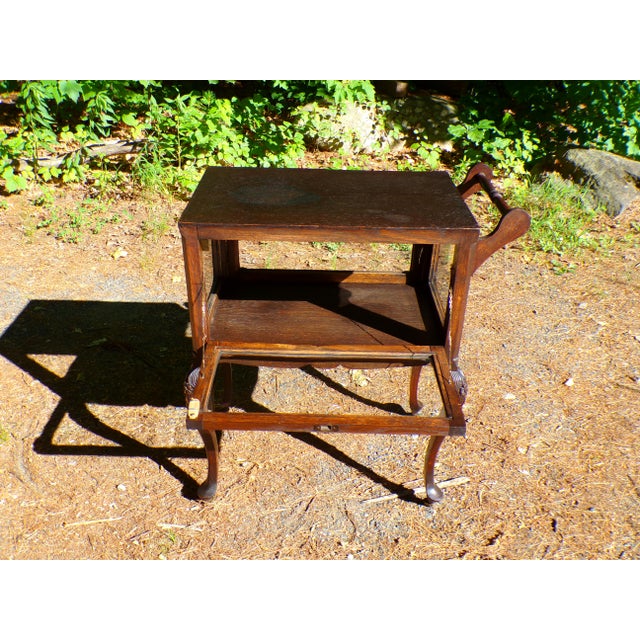 Brown Antique Solid Oak Vitrine Cabinet Serving Bar Tea Cart Trolley For Sale - Image 8 of 18
