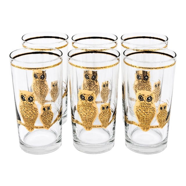 Vintage Hollywood Regency Culver Ltd. Set of 6 22k Gold Owl Highball Glasses - Set of 6 For Sale