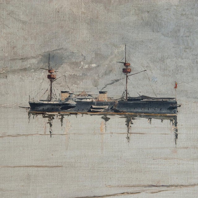 Spanish Pelayo Steam Warship, 1890s-1910s, Oil on Canvas For Sale - Image 4 of 8