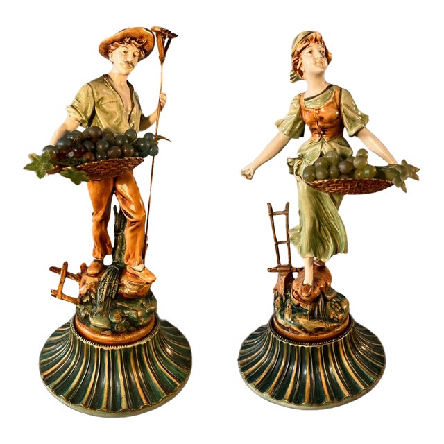 Moreau Spelter Sculpture Grape Harvesters Couple-A Pair For Sale