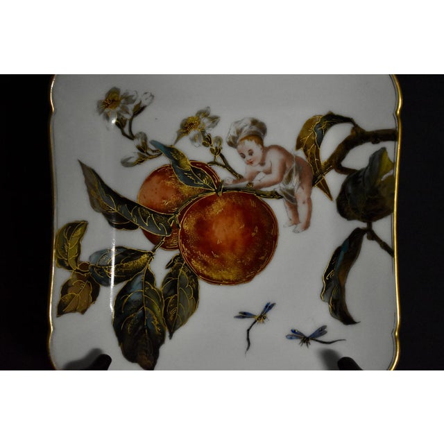 Ceramic Antique Limoges France GDM Porcelain Square Dish Plate Putto Cherub Peach Fruit For Sale - Image 7 of 13