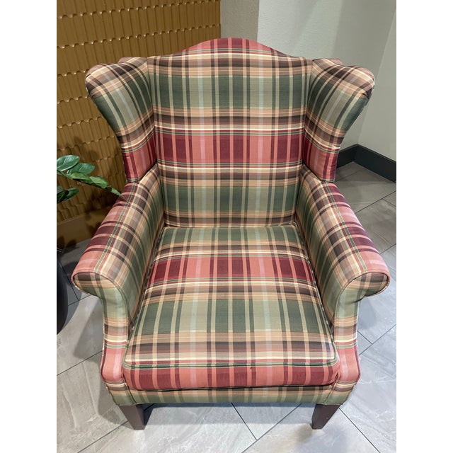 Custom Calico Corners Tartan Plaid & Wood Wingback Chairs, English Country - A Pair For Sale In San Diego - Image 6 of 12