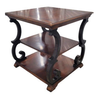 Vintage Oversized Theodore Alexander Walnut Ebonized Scroll Leg 3 Tier Side Table For Sale