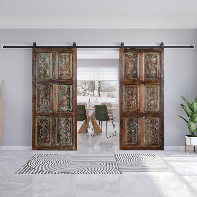 Mid-Century Modern Vintage Carved Wood Doors | Rustic Farmhouse Barn Door With Architectural Detail 80x36 For Sale - Image 3 of 4