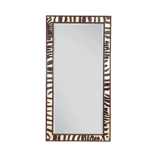 Ebony Finished Mirror with Faux Zebra Hair on Hide Inlaid Leather, Beveled Glass