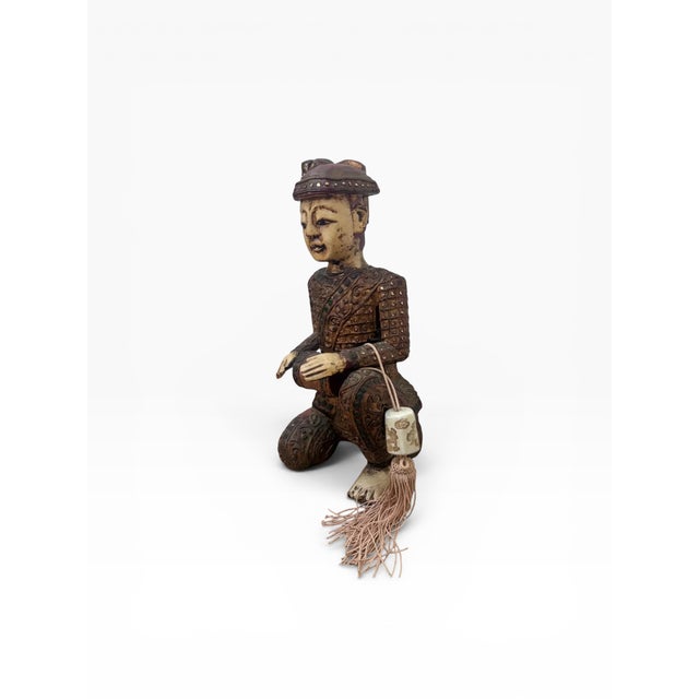 Chinese Mid 20th Century Hand-Carved Chinese Wooden Figural Sculpture of Seated Musician With Drum For Sale - Image 3 of 14