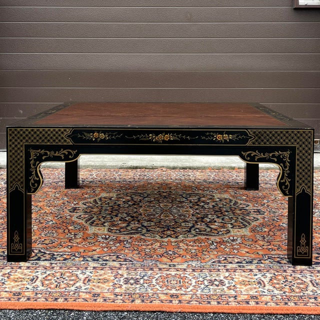 A vintage Drexel Heritage Et Cetera collection Asian Chinoiserie square coffee or cocktail table having a bookmatched...