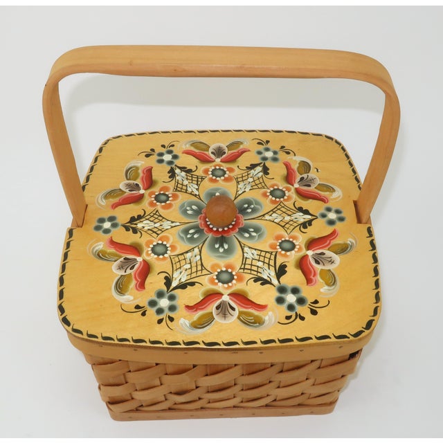 Scandinavian Rosemaling Folk Art Painted Wood Basket Handbag For Sale - Image 4 of 14