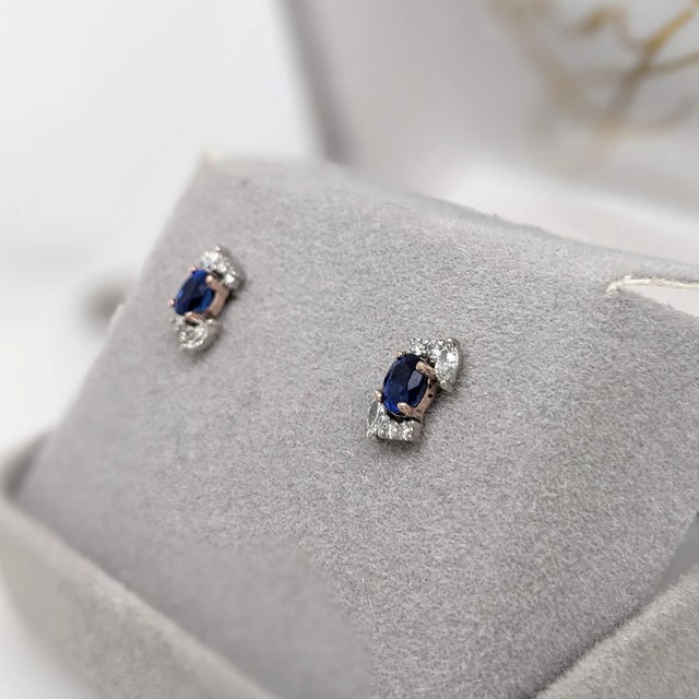 2020s Blue Sapphire Stud Earrings With Diamond Accents: Solid 14k Gold, 4x3mm, Pair For Sale - Image 5 of 7