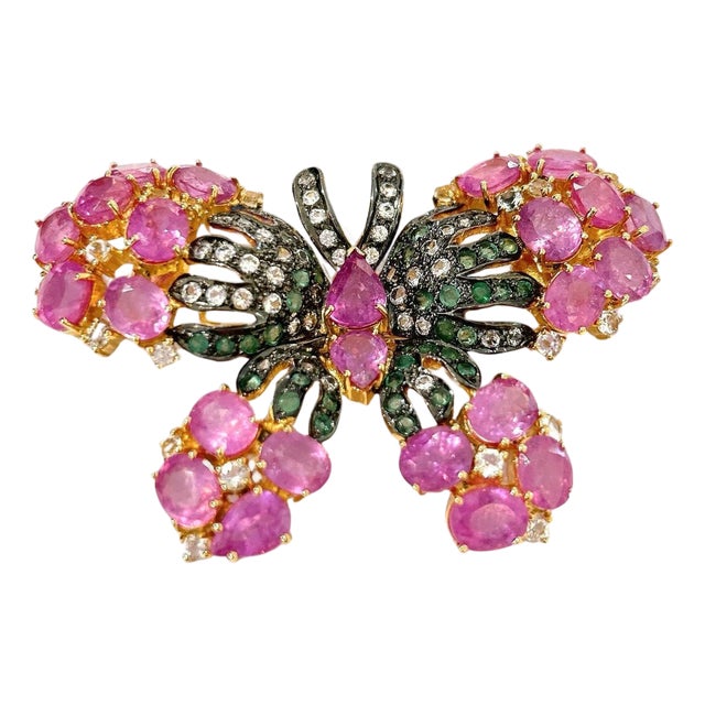 Stunning Bochic "Orient" Multi Sapphires & Ruby Brooch Set In 18K Gold & Silver For Sale