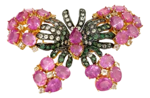 Stunning Bochic "Orient" Multi Sapphires & Ruby Brooch Set In 18K Gold & Silver