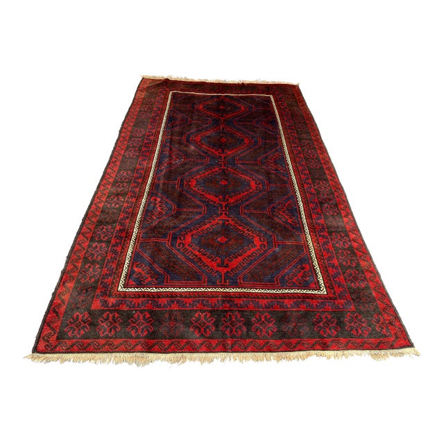 Vintage Afghan Hand-Knotted Baluchi Soft Rug, Red & Blue Tribal Design, Wool Pile Rug For Sale