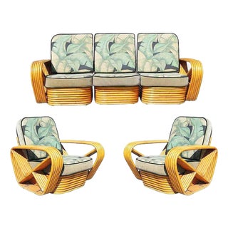 1940s Restored Paul Frankl Style 6-Strand Square Pretzel Rattan Sofa, Lounge Chair Set, 3 Pieces For Sale