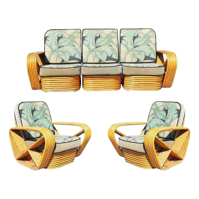 1940s Restored Paul Frankl Style 6-Strand Square Pretzel Rattan Sofa, Lounge Chair Set, 3 Pieces For Sale