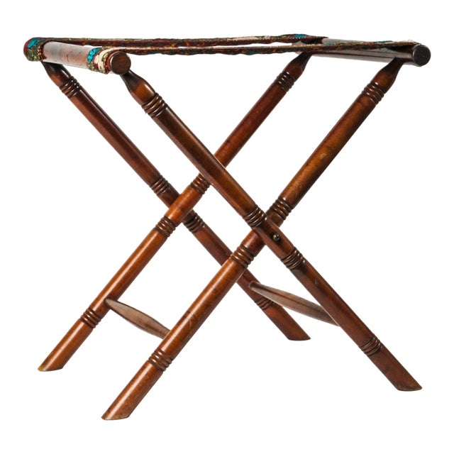 Antique Luggage Rack With Vintage Swan Embroidered Ribbon | Antique Butler's Table | Folding Suitcase Stand For Sale