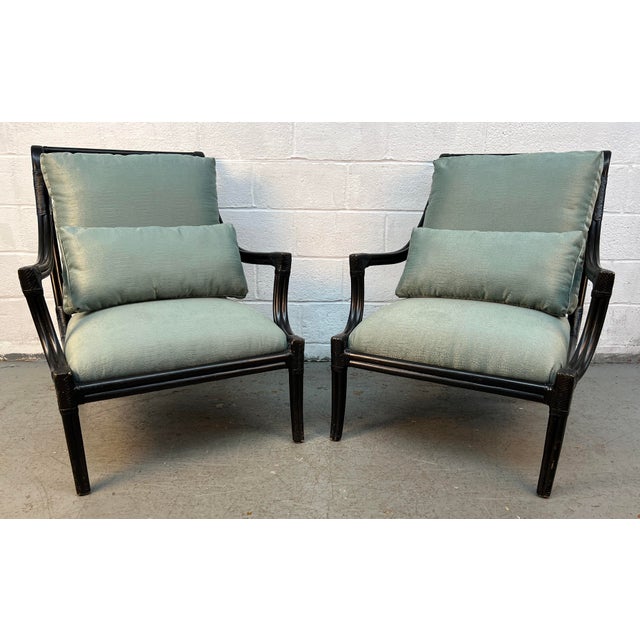Hollywood Regency Mid-Century Chinese Chippendale Style Ebonized Bamboo Lounge Chairs by LaCor For Sale - Image 3 of 16