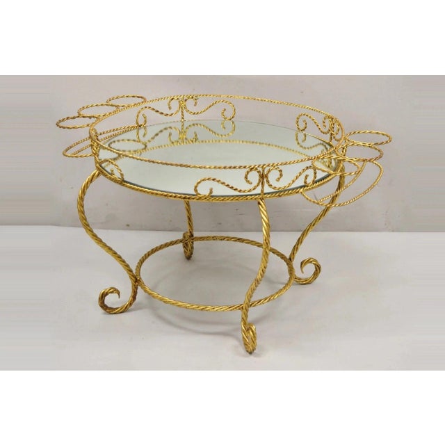 Vintage Italian Hollywood Regency Iron Gold Rope Round Mirror Top Coffee Table For Sale - Image 9 of 10