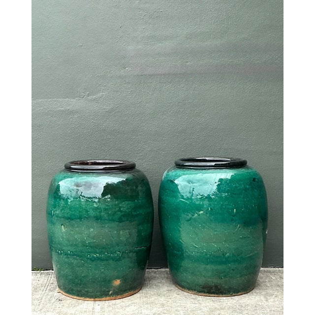 Vintage Green Glazed Earthenware Vessels - A Pair For Sale - Image 4 of 18