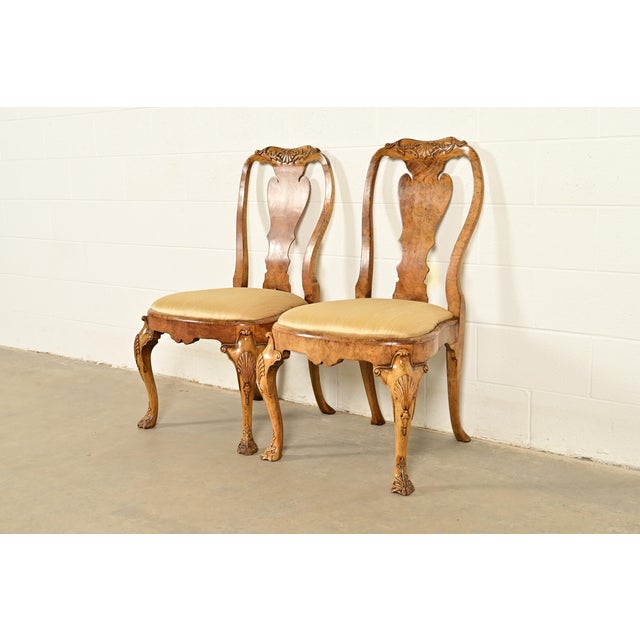 Queen Anne 18th Century Antique Thomas Chippendale Period Carved Burl Wood Side Chairs or Dining Chairs, Pair For Sale - Image 3 of 13