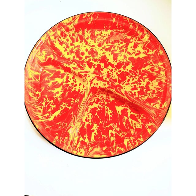 Graniteware orange and yellow platters. 3 pieces in set. Splatter ware, vintage 1970's. 11 1/2". For outdoors, patio,...
