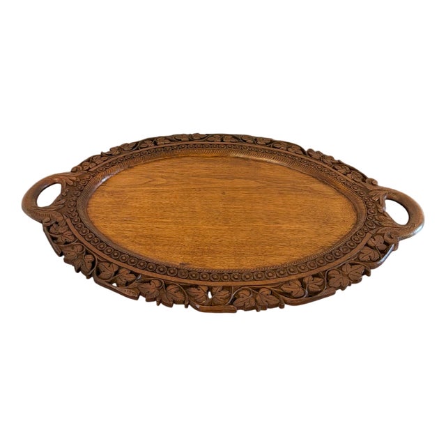 Antique Edwardian Carved Oval Tea Tray, 1900s For Sale