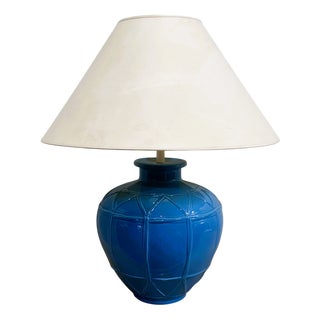 French Ceramic Lamp with Blue Glazed Base from Louis Drimmer, France, 1980s For Sale