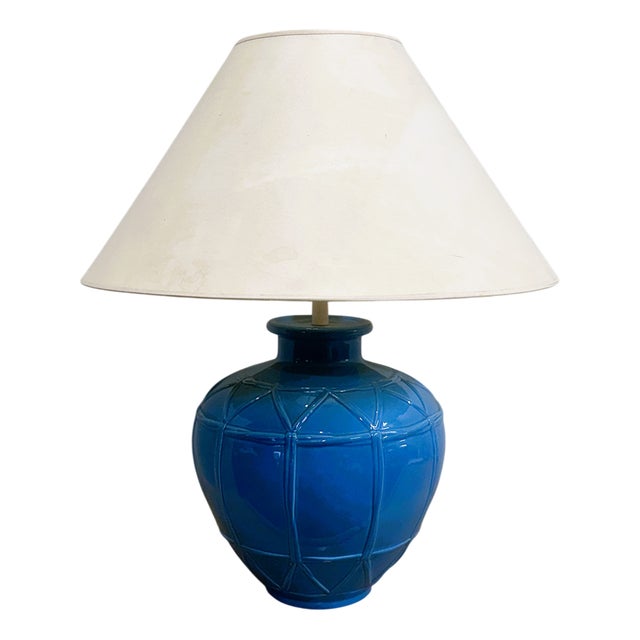 French Ceramic Lamp with Blue Glazed Base from Louis Drimmer, France, 1980s For Sale