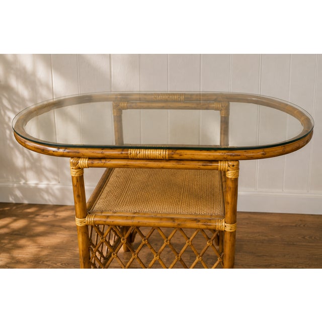 Vintage Honeymoon Coastal Bamboo & Rattan Oval Glass Dining Set With Two Chairs For Sale - Image 4 of 10