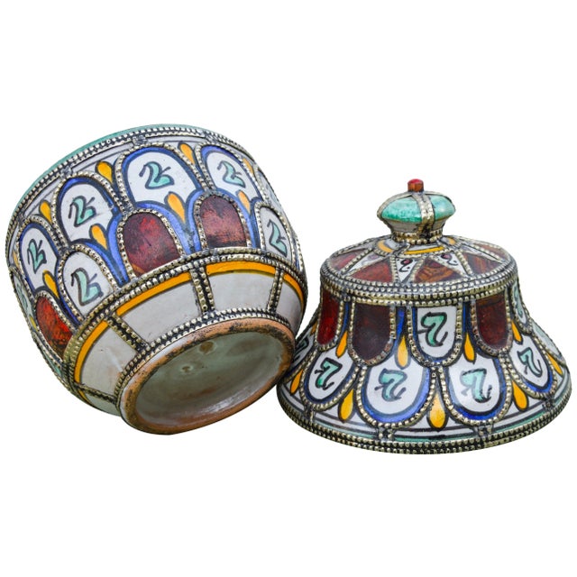 Metal Mid 20th Century Moroccan Ceramic Bowl With Lid For Sale - Image 7 of 8
