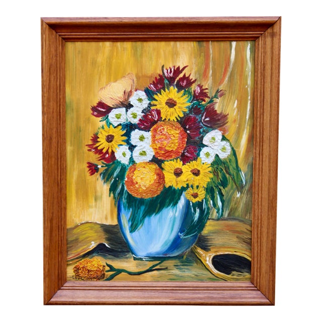 Vintage 1960s Floral Still Life Original Oil Painting For Sale