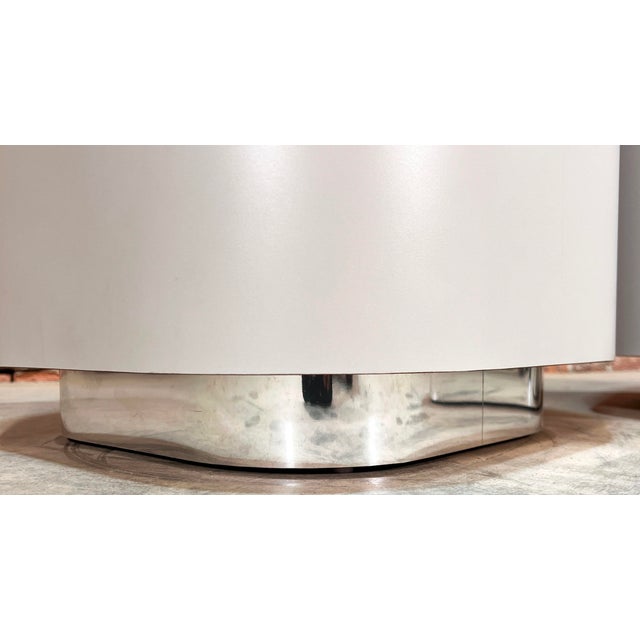 Contemporary Vintage 1980's Postmodern Light Gray Formica & Chrome Drum Side Tables - a Pair For Sale - Image 3 of 7
