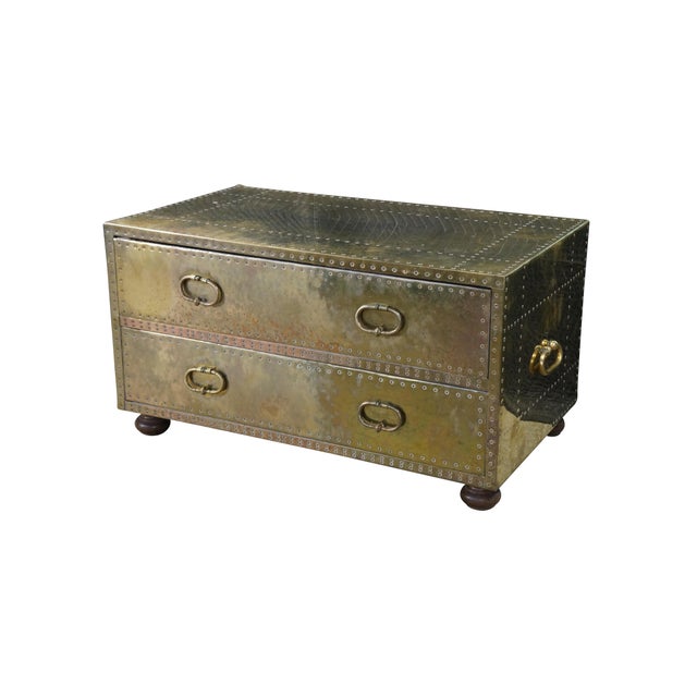 Mid-Century Modern 1970s Sarreid Brass Clad Nailhead Dresser Chest of Drawers Campaign Console 34" For Sale - Image 3 of 11