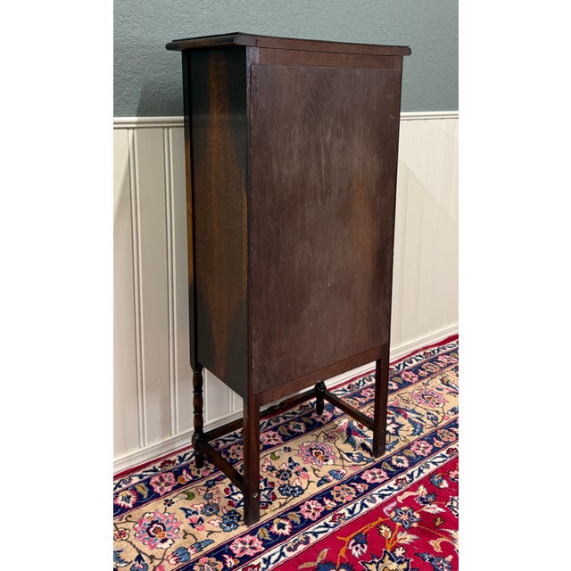 Antique English Arts & Crafts Oak Leaded Stained Glass Bookcase Cabinet c.1930s For Sale - Image 16 of 17